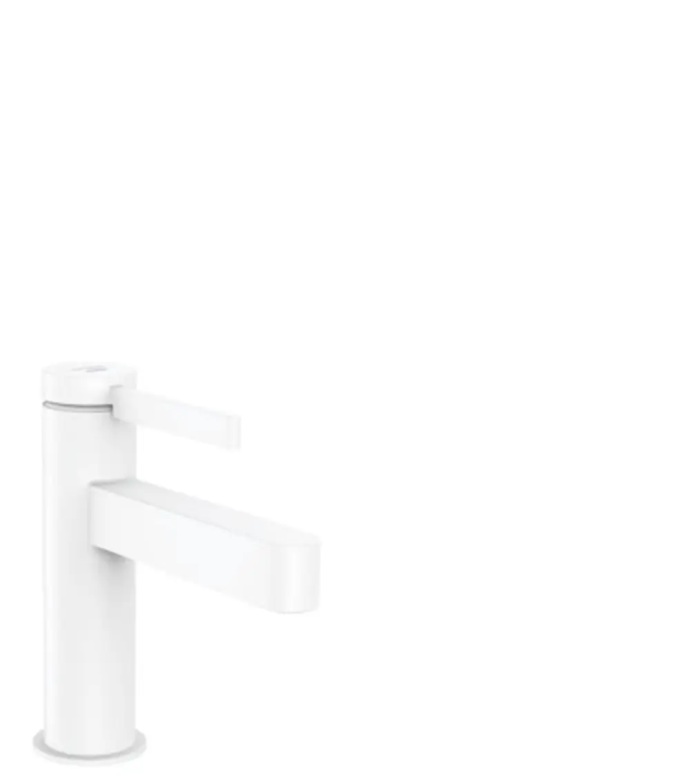 Weißes Standventil von Hansgrohe mit Hebelgriff für Kaltwasser oder vorgemischtes Wasser. Klare, schlichte Form ohne Ablaufgarnitur.